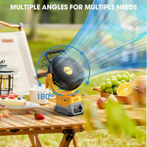 Cordless 5 Inch Job Site Fan with Brushless Motor on a picnic table, showcasing 180-degree rotation and USB fast charging.
