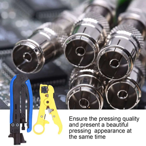 Professional Stripping And Crimping Pliers Set For Coaxial Cables RG59 RG6 RG11, with tools and connectors on circuit board