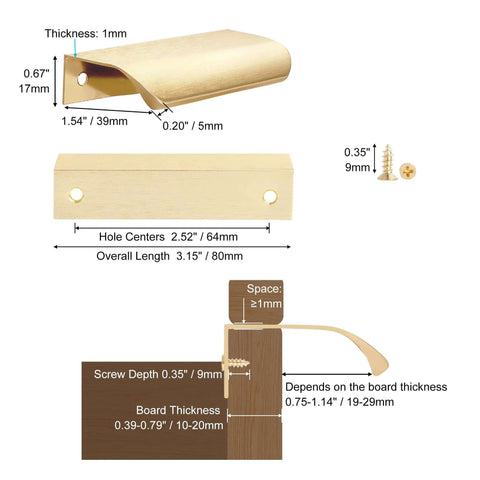Gold Edge Finger Pulls 5 Pack For Kitchen Drawers And Cabinets Slick Aluminum Hardware dimensions with measurements on diagram