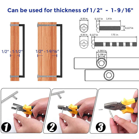 Installation guide for Square Cabinet Handles 12-3/5 Inch Matte Black Drawer Pulls, showing handle on cabinet and tool usage.