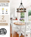 Dining room with Dope Farmhouse Rustic Wood Drum Chandelier With Black Metal Accents, 4 Light Pendant, ETL listed.
