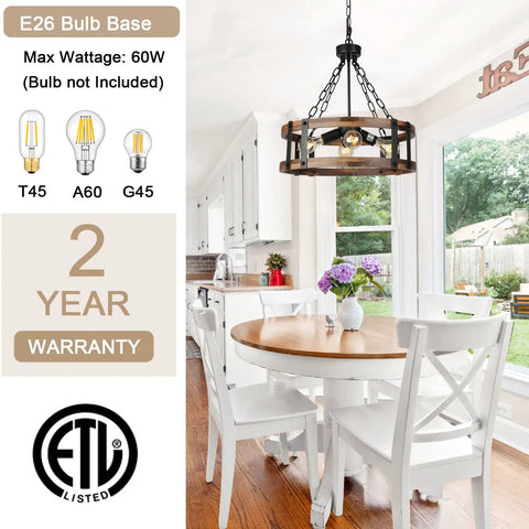 Dining room with Dope Farmhouse Rustic Wood Drum Chandelier With Black Metal Accents, 4 Light Pendant, ETL listed.