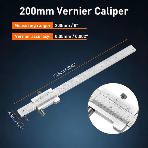 Vernier Caliper 0-8 Inch Dual Scale Stainless Steel With Carbide Scriber, precision measurement details and dimensions shown