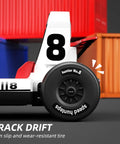 Close-up of wheel on 12V Battery Powered Kids Go Kart With Pedals, Dual Motor, Remote Control, sturdy steel frame, and ABS body.