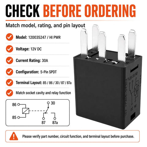 12V DC 30A 5-Pin SPDT Relay For Watercraft, Plug-N-Play PWC Main Power And Accessory Relay Position, Sea-Doo GTI GTX RXP RXT Spark Compatible, Part Number 120035247, 3-Pack, detailed specifications and diagram
