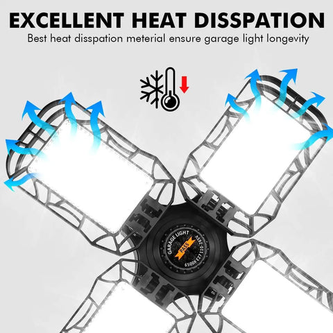 Four Pack LED Garage Light With Four Adjustable Panels 180W Ultra Bright Shop Light 18000LM E26 E27 Base showing heat dissipation