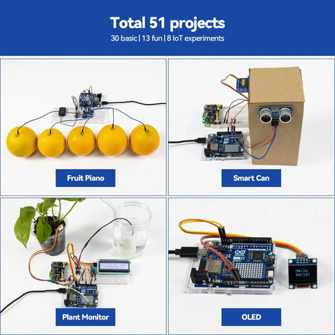 All In One Arduino Starter Kit With Uno R4 WiFi Bluetooth IoT ESP32 LCD1602 OLED 300 Plus Components showcasing projects