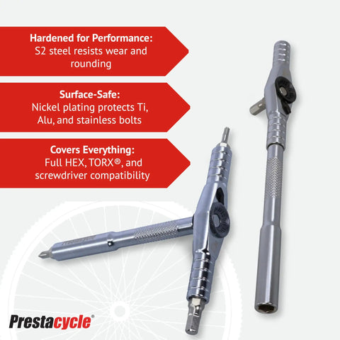 T-Handle Ratchet Wallet Kit with S2 steel three-way design, showcasing durability and versatility for bike maintenance.