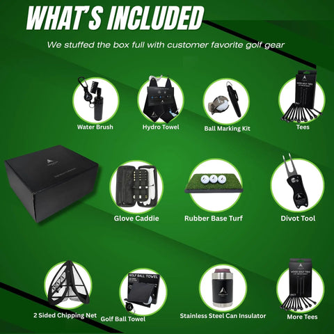 Photo of 12 Piece Premium Golf Gift Set with Magnetic Towel, Chipping Net, and Accessories, showing all included items in black gift box.