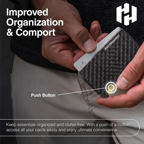 Hand holding Slim RFID Blocking Metal Wallet For Men With Money Clip Minimalist Front Pocket Card Holder showing push button