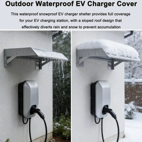 Heavy Duty EV Charger Weather Canopy Cover With Sloped Stainless Steel Top to Beat The Storms and Shield Your Setup From Harsh Sun Rain and Day To Day Grime, installed with snow and rain protection.