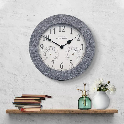 All In One Outdoor Clock With Thermometer And Hygrometer Weather Station For Patio And Garden, 14 Inch Diameter In Gray Sandstone Finish