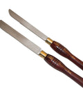 Pro Grade M2 High Speed Steel Round End Inboard Side Scraper 2 Piece Set For Woodworking with wooden handles and thin blades.