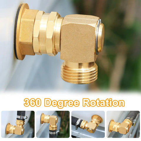 90 Degree Garden Hose Swivel Elbow Connector Three Quarter Inch GHT Brass Elbow Durable Fitting For Easy Leak Proof Watering With Included Washers Sealing Tape And Sealing Rings, 360 rotation