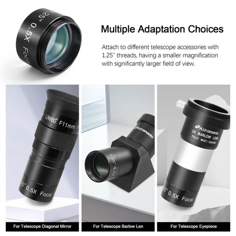 0.5x Telescope Focal Reducer For Imaging And Visual Telescopes, 1.25 Inch Filter Thread with multiple telescope accessories.