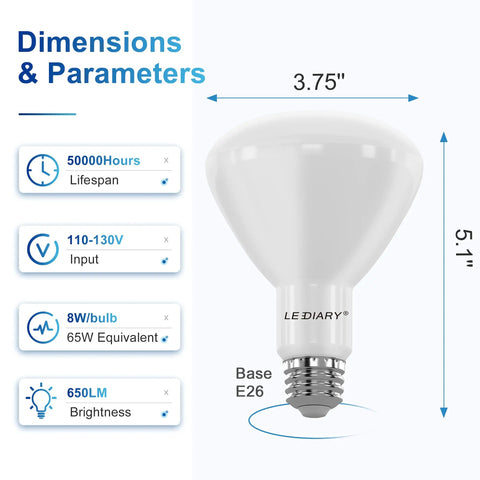 Dimensions and details of 12-Pack BR30 LED Recessed Light Bulbs Dimmable 3000K Warm White, UL Certified, 8W Equivalent to 65W, E26 base