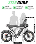 Size guide for Offroad 1500W Peak Motor Fat Tire Electric Bike with rider height and bike dimensions marked.