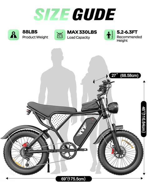 Size guide for Offroad 1500W Peak Motor Fat Tire Electric Bike with rider height and bike dimensions marked.