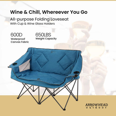 Portable Folding Double Duo Camping Chair Loveseat For Two With Extra Cozy Padding And Wine Glass Holders in blue canvas