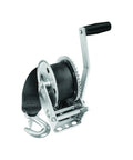 Single Speed Winch With 20 Foot Strap for Heavy Duty Pulling, 1100 Pound Capacity, silver crank, and black strap