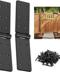 Badass Heavy Duty Gate Hinges With 270 Degree Swing Rotation For Outdoor Wood Fences Sheds Barn Doors And Security Gates Weather Resistant Steel 2 Pack Black displayed with screws and wooden gate.