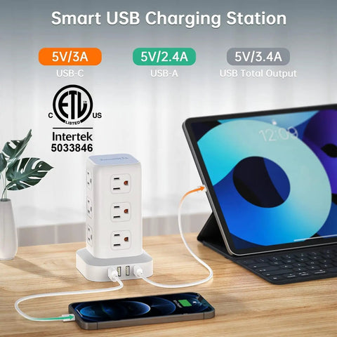 Tower Surge Protector Power Strip With 12 Outlets 4 USB Ports Including USB C 6.5 Foot Extension Cord 16 In 1 Charging Station