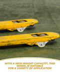 Heavy Duty 5 Inch Nylon Brake Caster Wheels With Rock Solid Stainless Steel Plate on a yellow cart for material handling.