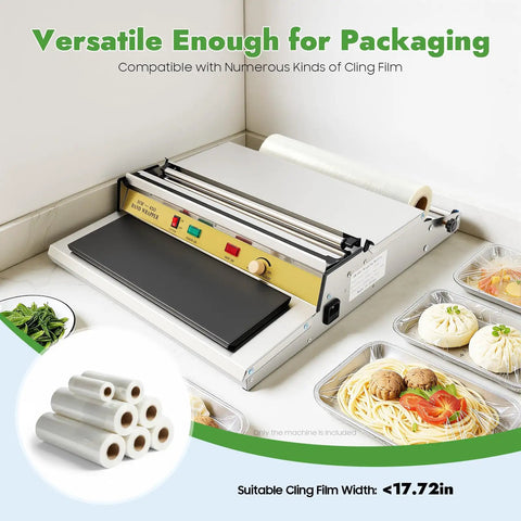 Heavy Duty 18 Inch Hand Wrapping Machine Pro Level Food Film Sealer With Lightning Fast Heat on kitchen counter with food trays.