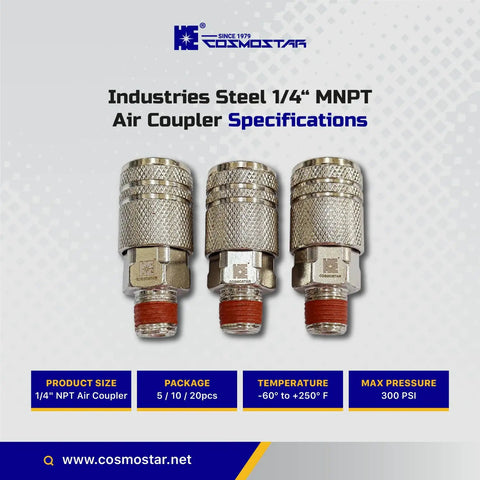 Sturdy Steel Air Coupler One Fourth Inch Flow Size NPT Male Thread Quick Connect With Pre Applied Sealant Three Piece Set