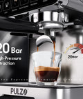 Pro Level Home Espresso Machine With Built In Conical Burr Grinder 20 Bar Pressure Touchscreen Interface One Touch Brewing extracting espresso into a glass.