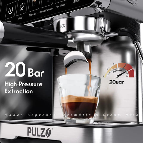 Pro Level Home Espresso Machine With Built In Conical Burr Grinder 20 Bar Pressure Touchscreen Interface One Touch Brewing extracting espresso into a glass.