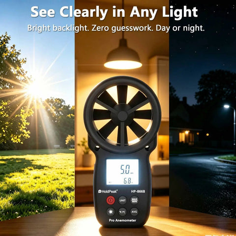 Digital Handheld Wind Speed Meter With Temperature And Wind Chill Readouts, High Precision Anemometer For HVAC, Camping And DIY Projects, Measures 0.67 To 67.1 Mph With About 2 Percent Accuracy, front view on table