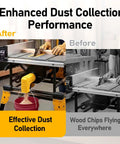 Table Saw Dust Collection Adapter With 2.05 Inch Snap On Dust Port For Universal Fit, showing before and after dust collection