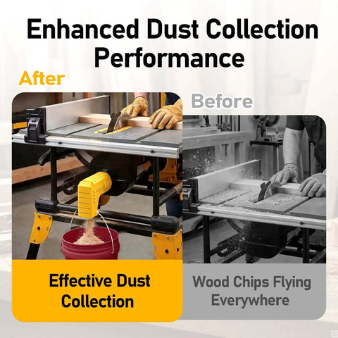 Table Saw Dust Collection Adapter With 2.05 Inch Snap On Dust Port For Universal Fit, showing before and after dust collection