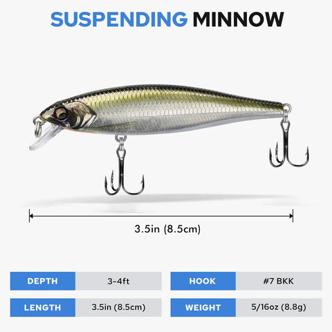 Suspending Jerkbait Minnow Lure With Sound, Flash, Glow Brighter, And Rattle Louder For Bass Walleye Pike And Catfish Neutral Buoyancy Cast Farther Irresistible Action Precision Engineered. 3.5in hard bait