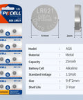 No Fuss SR920SW Watch Batteries Ten Pack Compatible With 370 371 AG6 Button Cells on blister pack showing specifications.