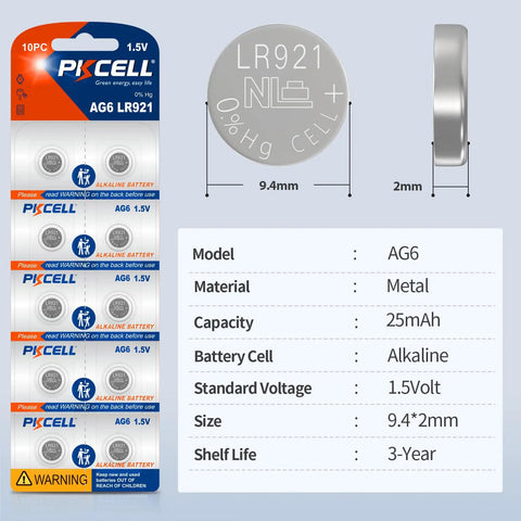 No Fuss SR920SW Watch Batteries Ten Pack Compatible With 370 371 AG6 Button Cells on blister pack showing specifications.