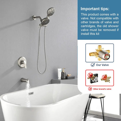All In One Dual Shower System With Tub Spout And Handheld Seven Modes And Forty Nine Shower Combinations Easy Install Overhead Three Way Diverter Adjustable Heads Brushed Nickel Tub And Shower Trim Kit Complete Bath Faucet Set installed in bathroom with tub