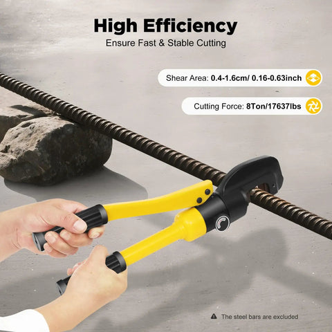 Proyongoo 8 Ton Hydraulic Rebar Cutter And Bender Tool With Portable Case, cutting 16mm rod with yellow handles in use.