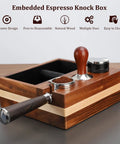 Espresso Knock Box and 4 In One Organizer with natural wood base for home barista with tamper stand and portafilter holders