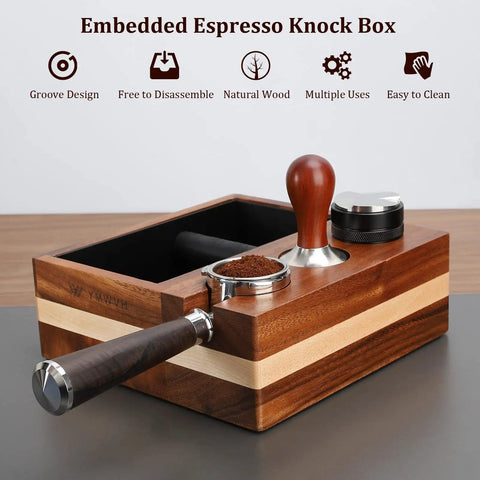 Espresso Knock Box and 4 In One Organizer with natural wood base for home barista with tamper stand and portafilter holders