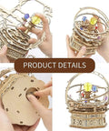 Starry Night 3D Wooden Puzzle Music Box Kit For Adults And Teens, Hands On Rotating Model Craft For DIY Lovers, Non Toxic Plywood Build, Great Gift Idea For Boys Ages 14 And Up Desk Decor, wooden puzzle music box shown assembled and partially built