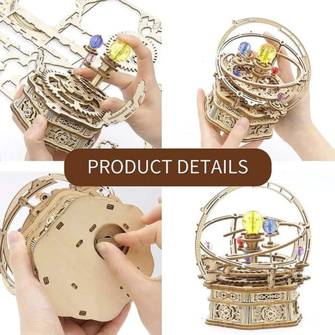 Starry Night 3D Wooden Puzzle Music Box Kit For Adults And Teens, Hands On Rotating Model Craft For DIY Lovers, Non Toxic Plywood Build, Great Gift Idea For Boys Ages 14 And Up Desk Decor, wooden puzzle music box shown assembled and partially built