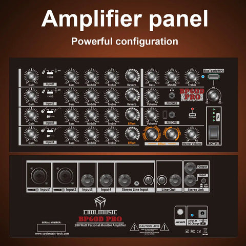 Front panel of 300W Acoustic Guitar Amp For Busking And Live Shows, All In One PA System With 7 Inputs showcasing controls and inputs