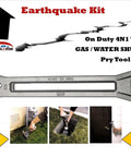 Emergency Gas Shut Off 4 In 1 Tool For Home Safety And Disaster Prep Gas And Water Valve Wrench Non Sparking Heat Treated Alloy Firefighter Tested Made In USA On Duty, showing a multi-purpose metal tool for shut off and prying.