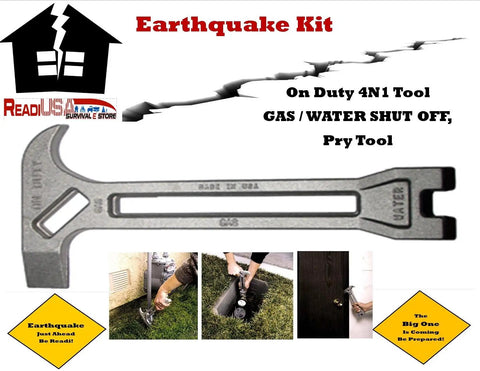 Emergency Gas Shut Off 4 In 1 Tool For Home Safety And Disaster Prep Gas And Water Valve Wrench Non Sparking Heat Treated Alloy Firefighter Tested Made In USA On Duty, showing a multi-purpose metal tool for shut off and prying.