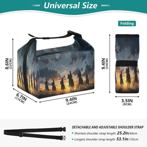 Cowboy Rides A Horse Across The Desert Insulated Lunch Bag for Work and Travel with dimensions and detachable strap