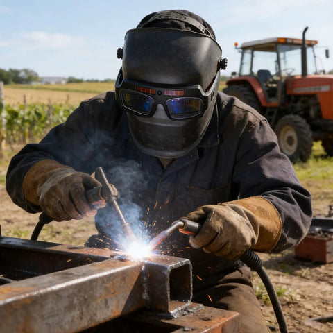 Kickass Auto Darkening Welding Goggles Solar Powered Wraparound Safety Eyewear used during TIG welding on metal beam.