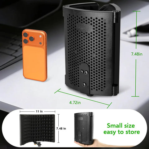 Foldable Microphone Isolation Shield With Stand And Pop Filter For Condenser Mics In Home Studio, shown folded with dimensions