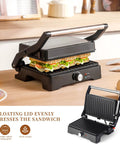 Big Panini Press Grill Sandwich Maker 3 In 1 Opens Flat To 180 Degrees for toasting large sandwiches on a countertop.